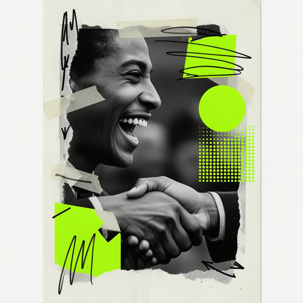 Collage neo-brutalista: retrato y apretón de manos sobre bloques de color