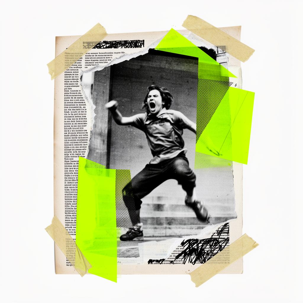 Collage neo-brutalista: persona en movimiento con bloques de color