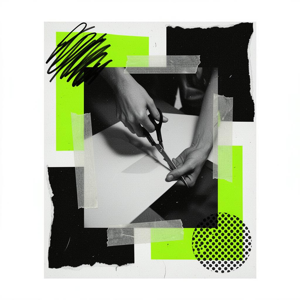 Collage neo-brutalista: manos recortando papel sobre bloques de color